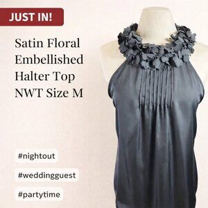 Violet & Claire Charcoal Satin Halter Top Floral Neckline Size M